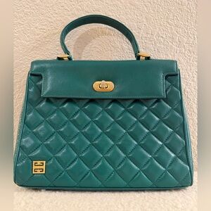 Givenchy Vintage Quilted Green Top-Handle Satchel with Gold Hardware